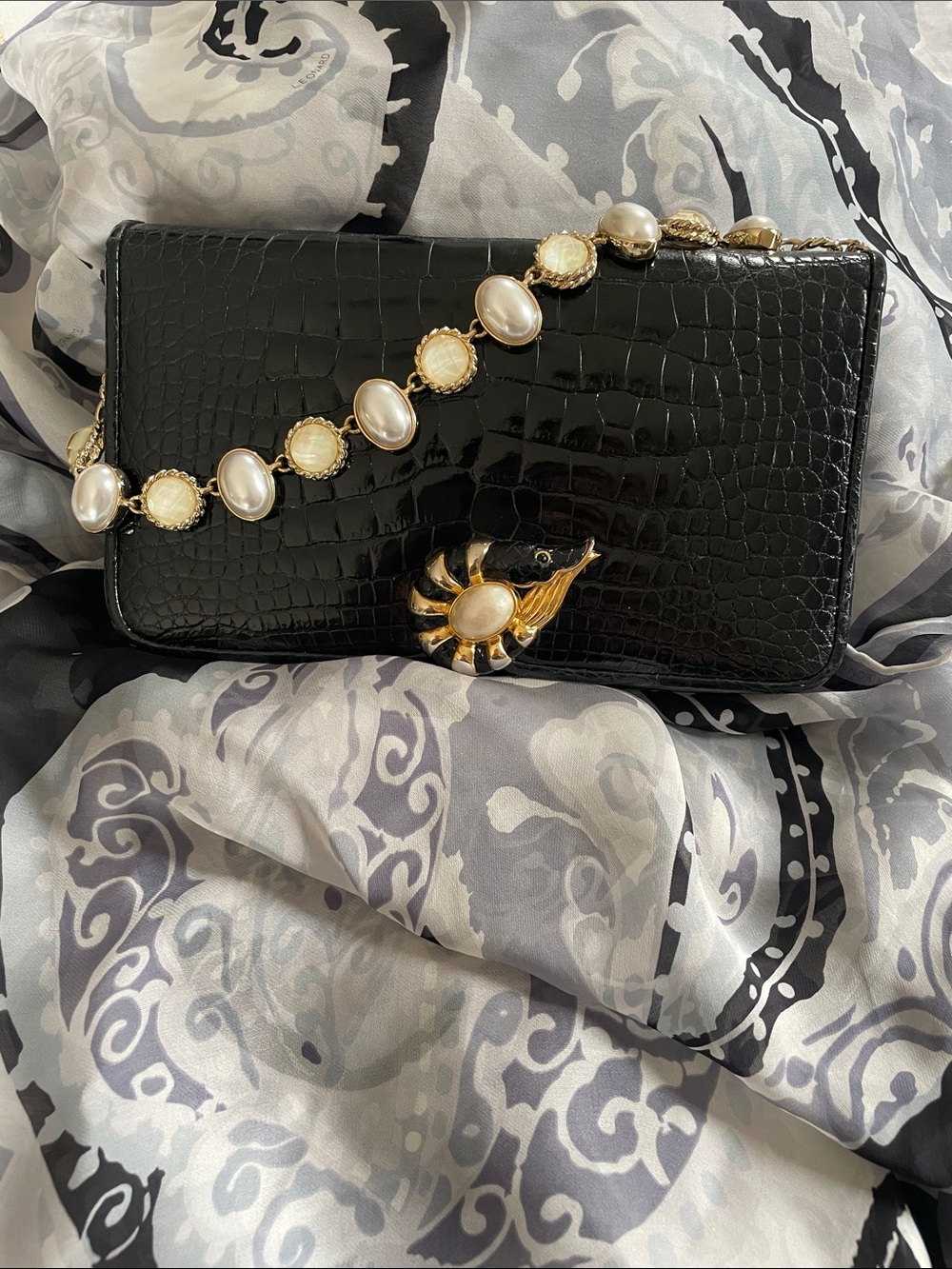 JUDITH LEIBER horoscope Black Crocodile Clutch with Gold & Pearl Detailing